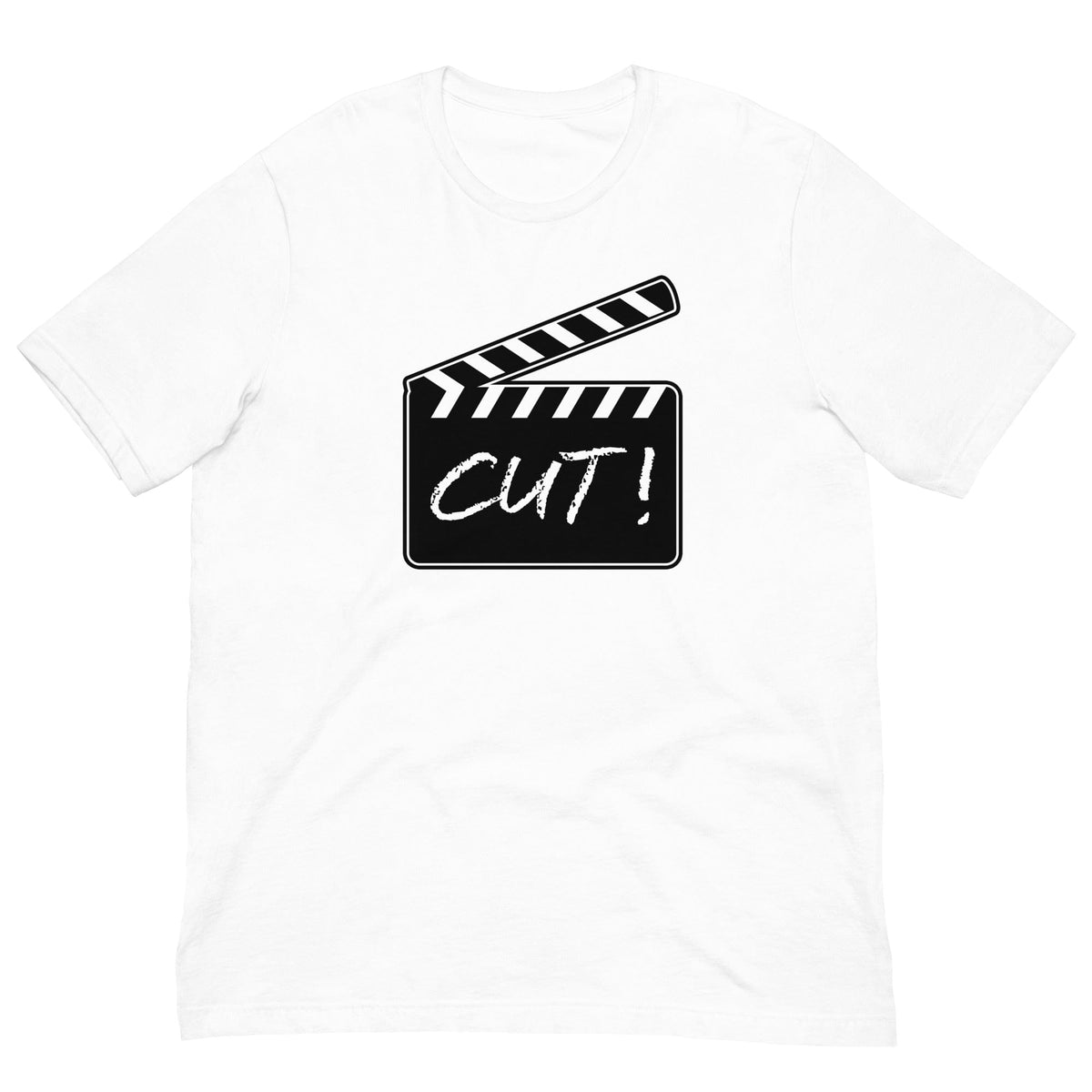 White crew-neck T-shirt with film clapper “CUT!” graphic on chest