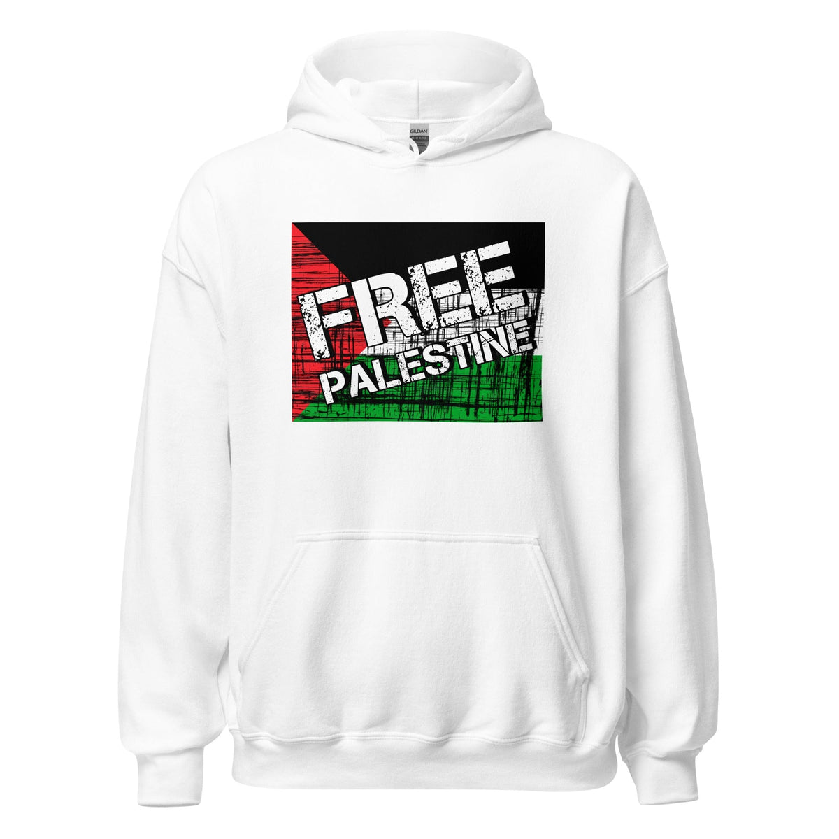 White unisex hoodie with front FREE PALESTINE graphic and kangaroo pocket