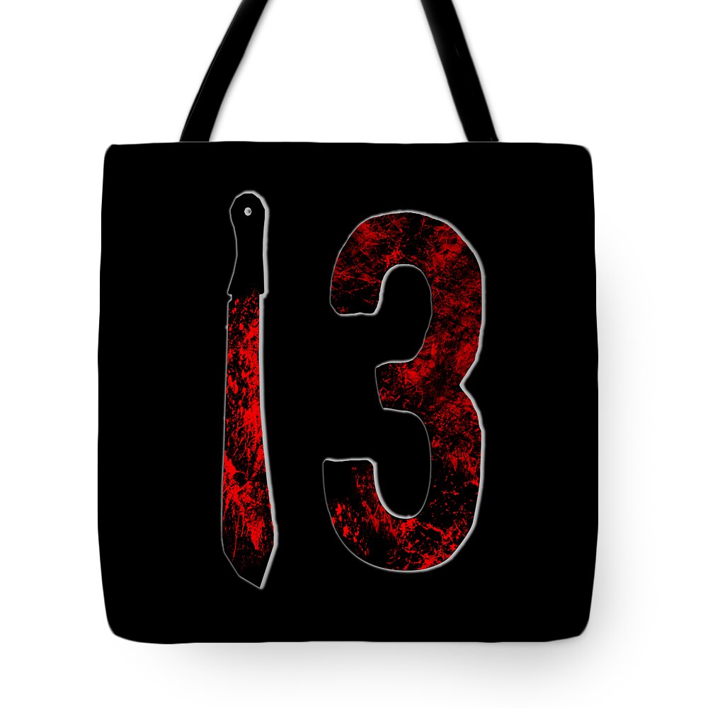 Black tote bag with large red '3' and vertical dagger graphic on front