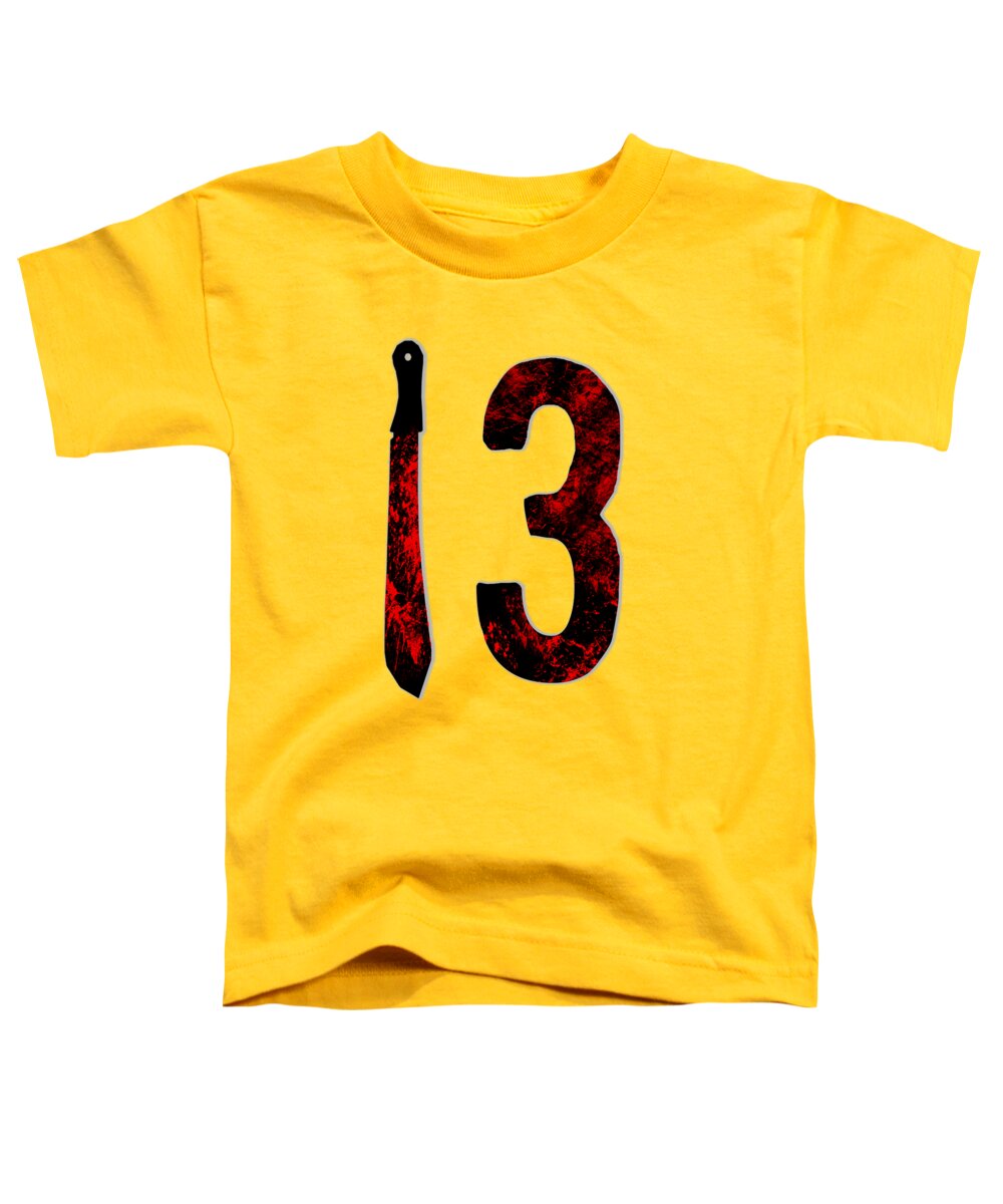Toddler yellow T-shirt with '13' graphic and black-red dagger print