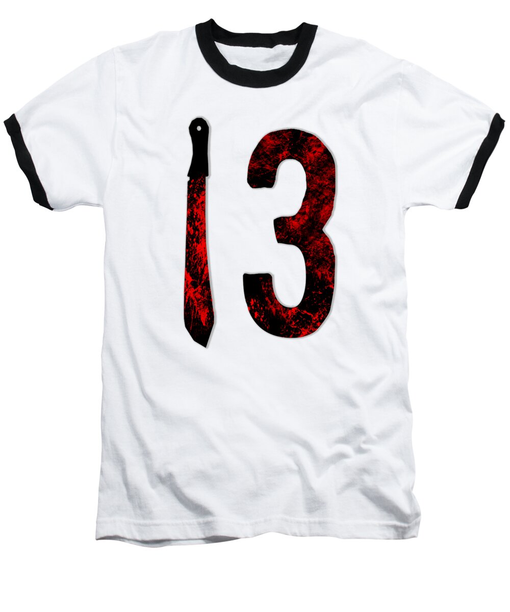 White baseball T-shirt with black sleeves and distressed red '13' graphic