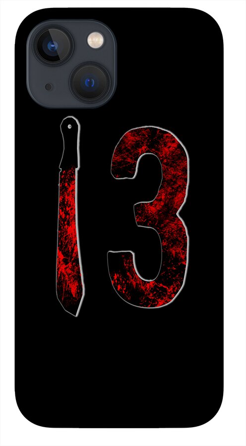 Dark gray phone case with red number 3 icon and knife illustration.