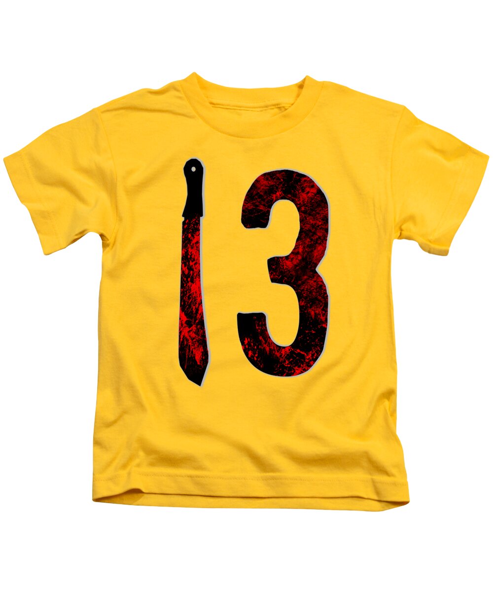 Kids T-shirt in yellow with large 13 and dagger graphic print at center