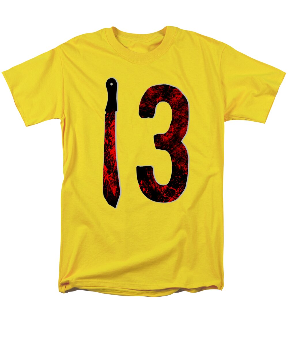 Men's graphic t-shirt, yellow, black dagger and red speckled number 3 print