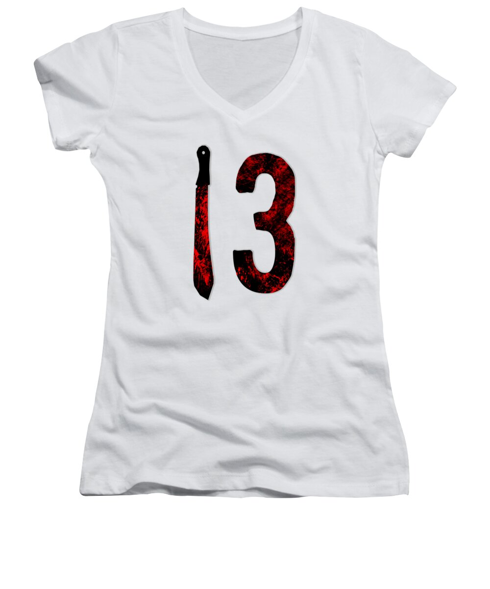 Women's V-neck T-shirt in white with red-and-black '13' graphic