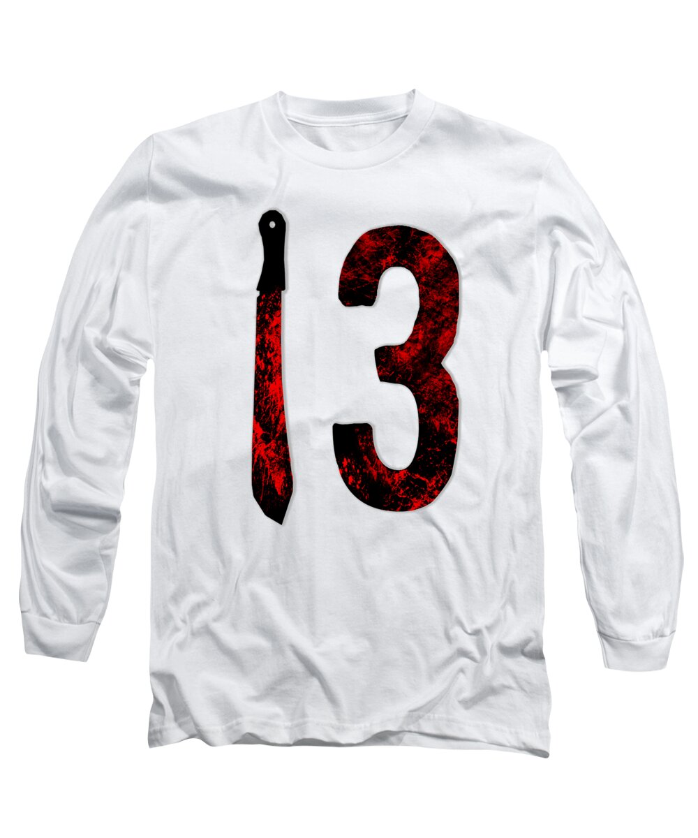White long sleeve T-shirt with red-and-black "13" and dagger graphic.