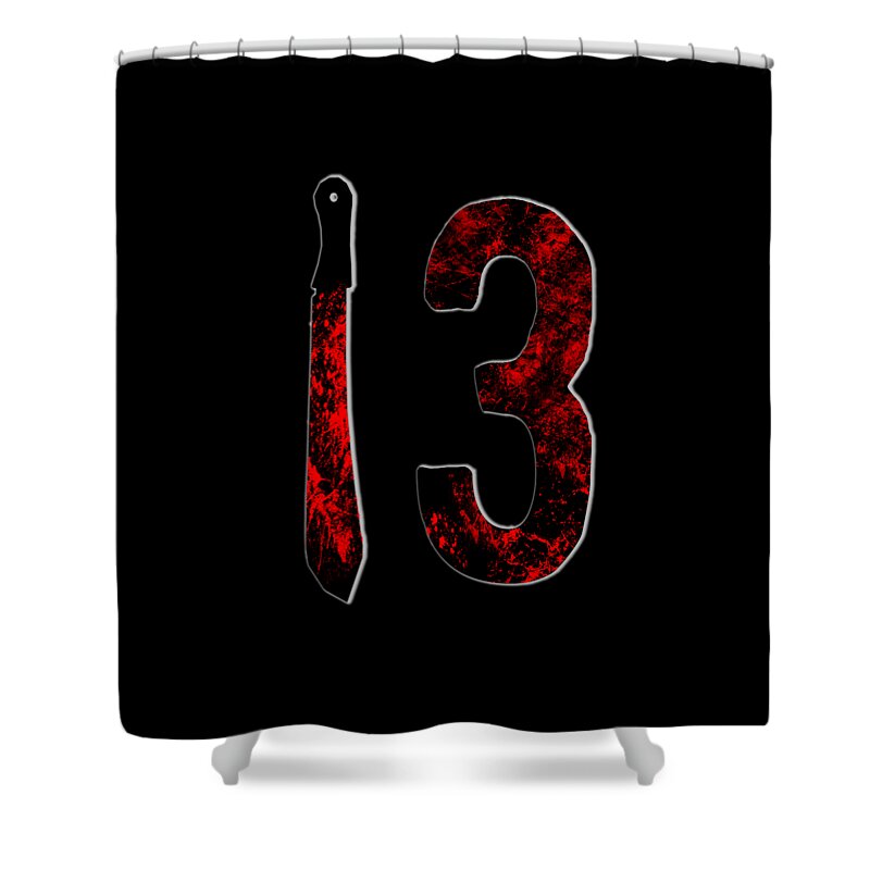 Black shower curtain with red distressed number 3 and knife graphic