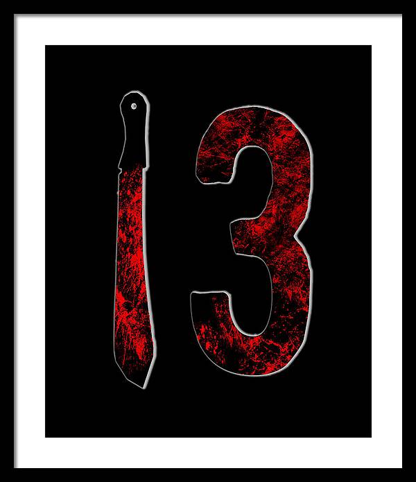 Framed print with black frame, white mat, red textured number 3 and knife
