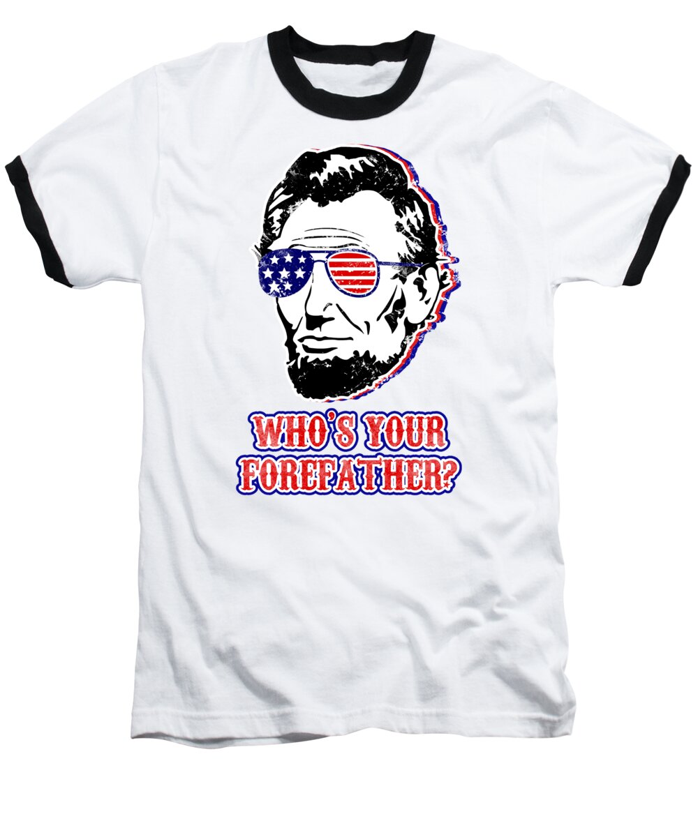 White baseball T-shirt with Abe Lincoln face graphic, American flag glasses, text