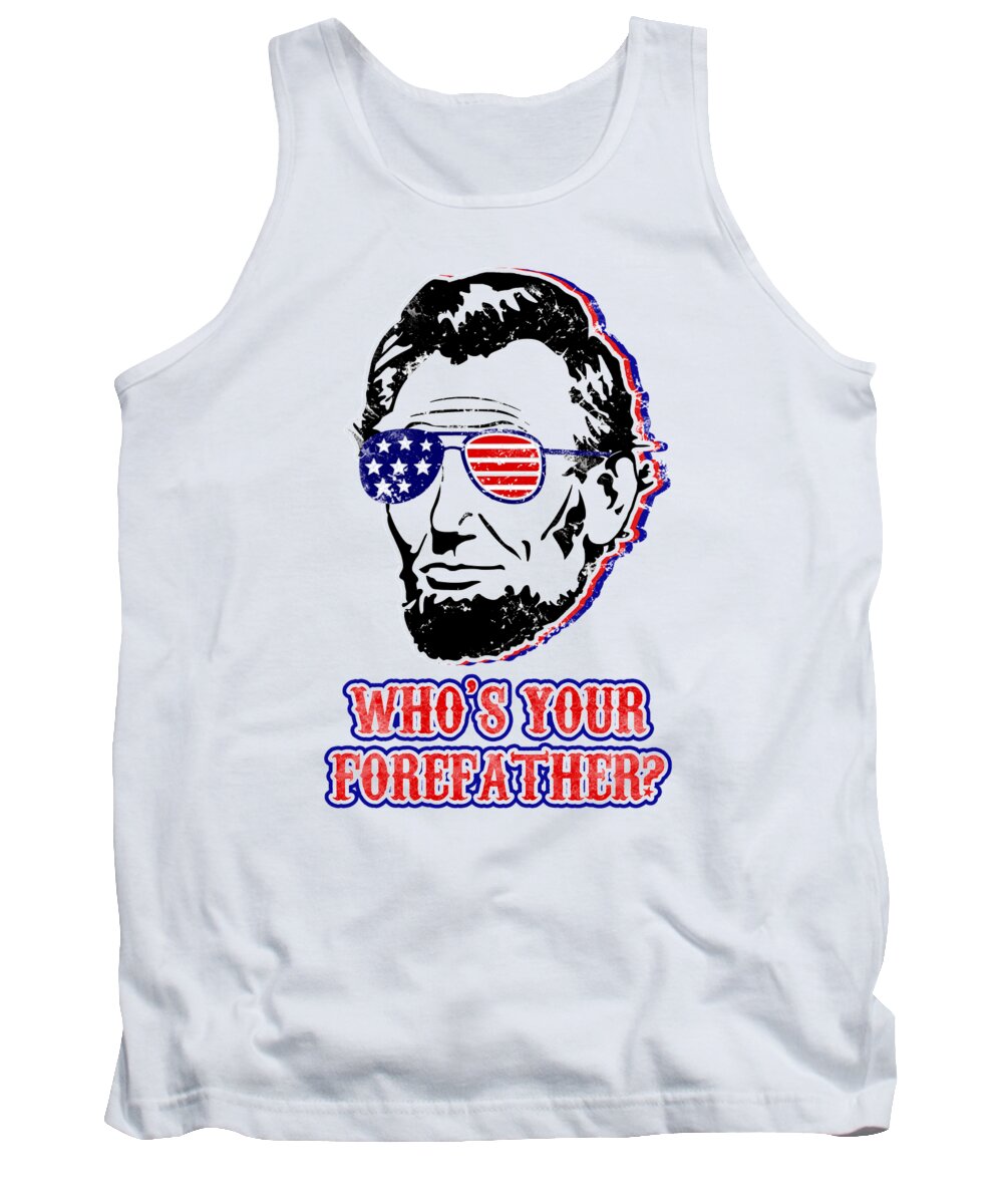 White tank top with front graphic of Abraham Lincoln head and patriotic text.