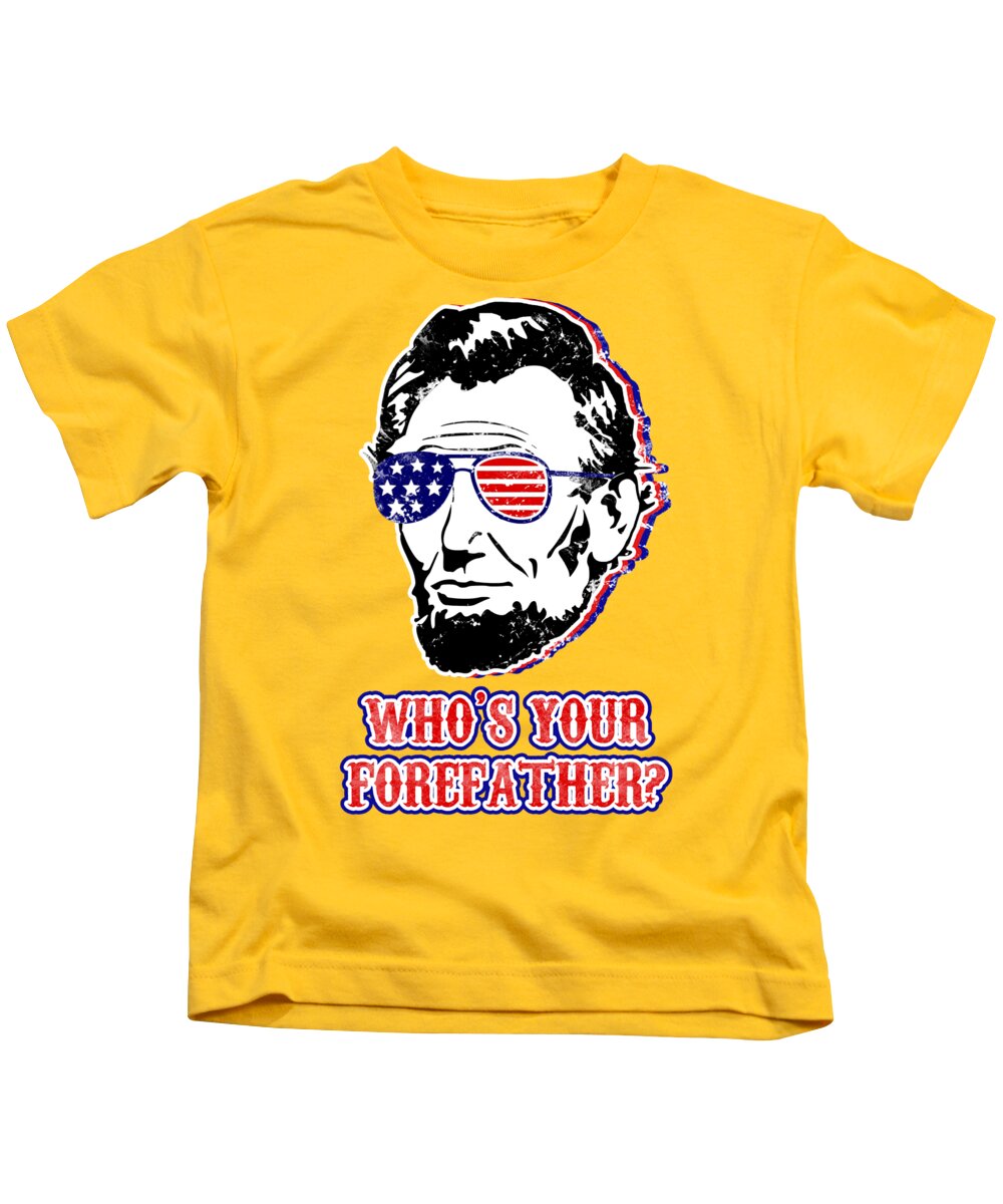 Kids yellow t-shirt with Abe Lincoln portrait graphic and WHO'S YOUR FOREFA text
