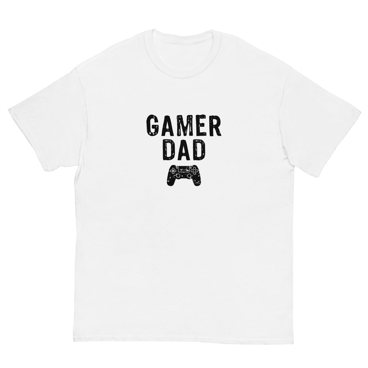 White graphic T-shirt with GAMER DAD text and game controller icon