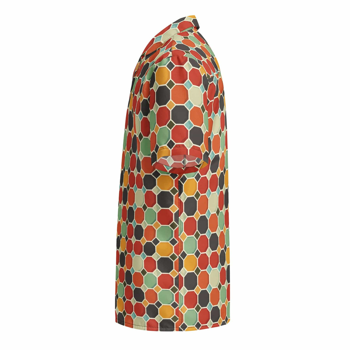 Angled view button-up shirt with colorful geometric hexagon pattern, short sleeves