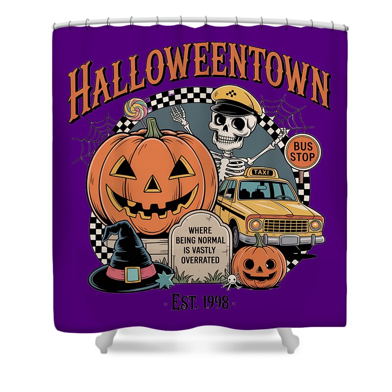 Halloween town taxi stop shower curtain, purple design with pumpkin, skeleton, taxi and skull