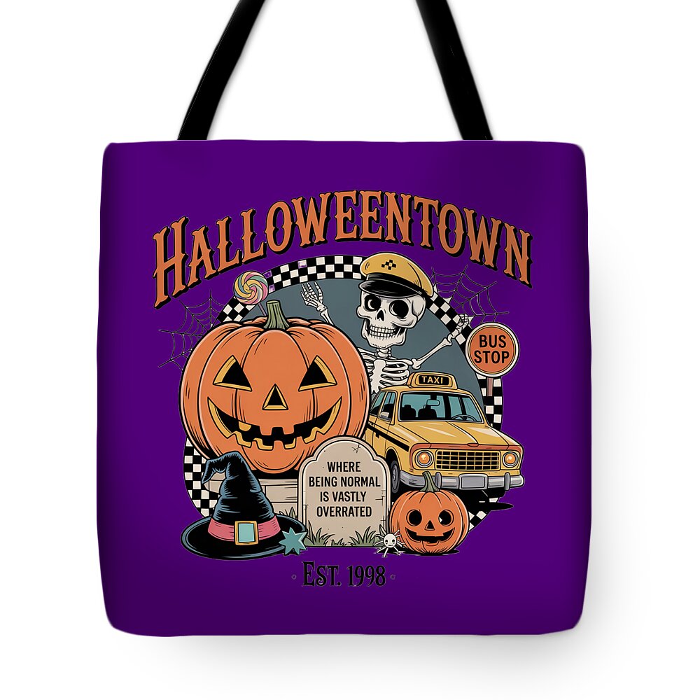 Purple Halloween Town tote bag with large jack-o'-lantern and skeleton taxi at bus stop.