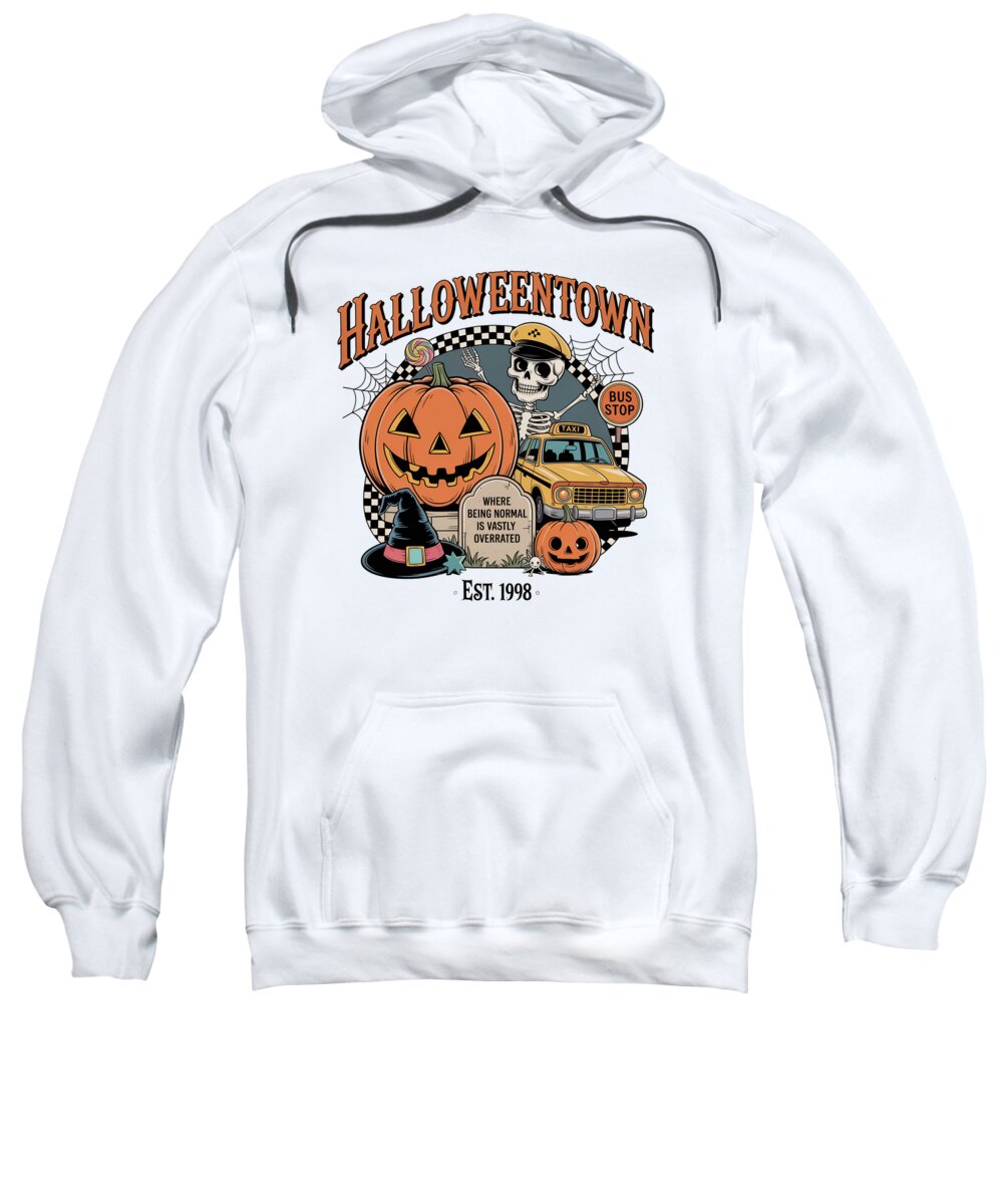 White hoodie sweatshirt with Halloween Town graphic on front