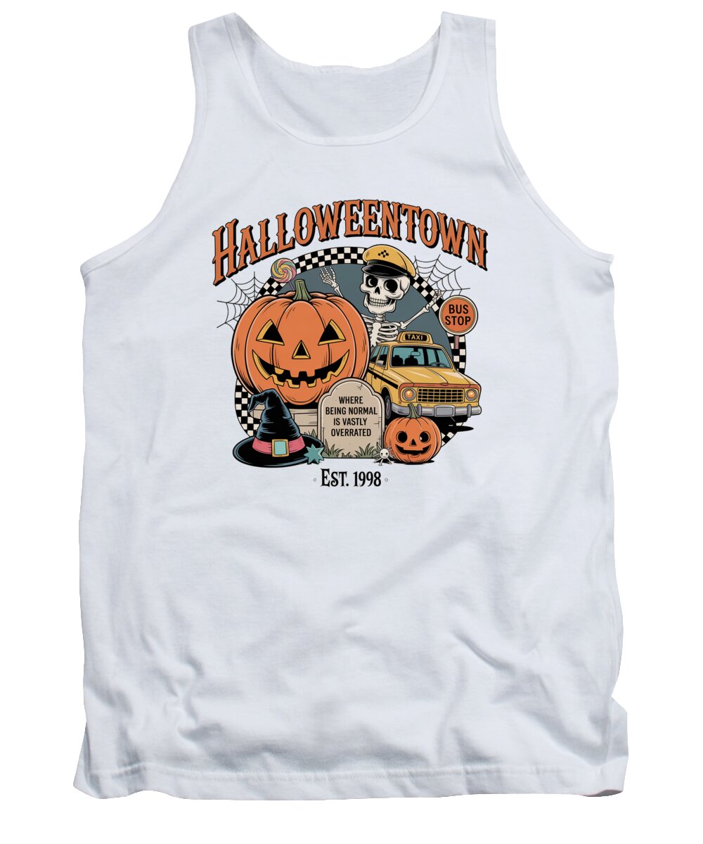 White tank top with crew neck; HalloweenTown graphic with bus, skull and pumpkins