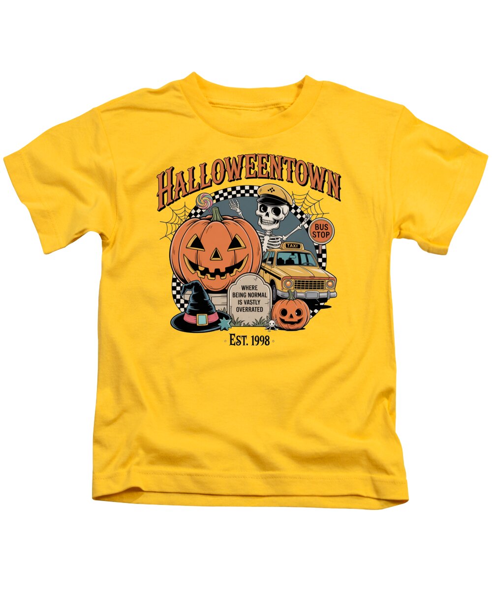 Kids graphic T-shirt, yellow, Halloween Town pumpkin and taxi stop print