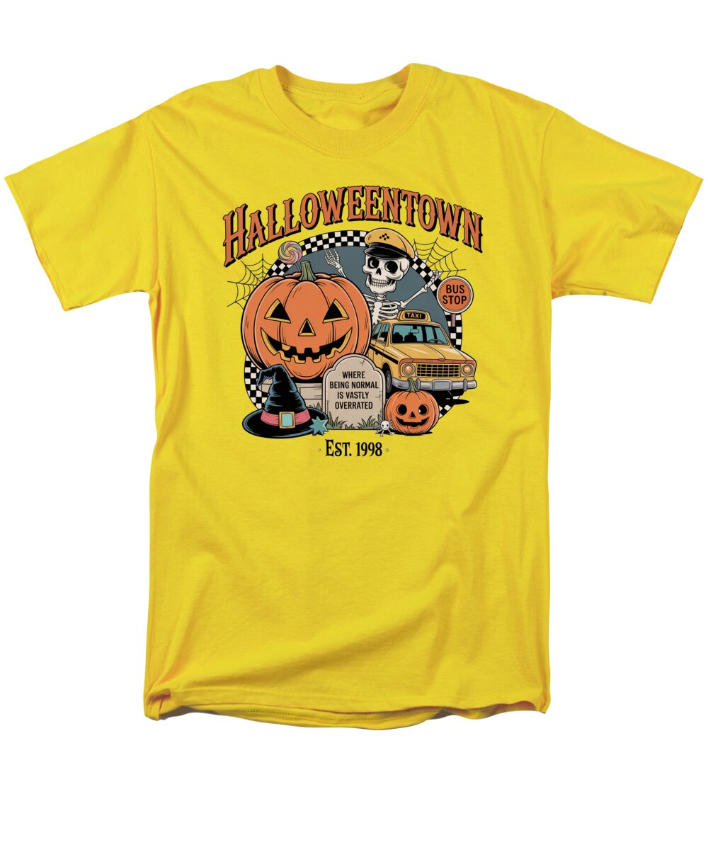Men's yellow graphic T-shirt with Halloween town text, jack-o-lantern, and bus stop print