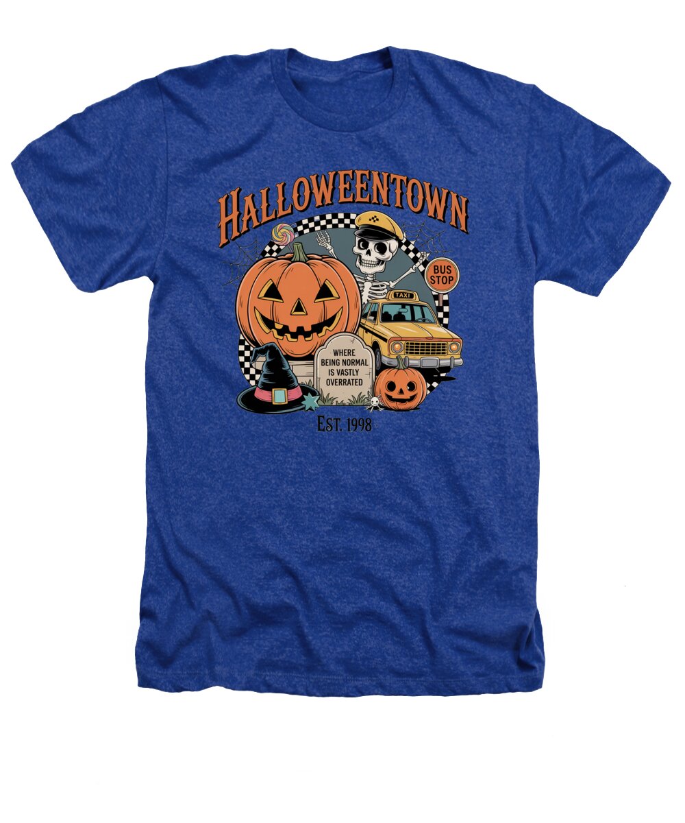 Royal blue T-shirt with Halloween graphic featuring skeleton, jack-o'-lantern, bus.