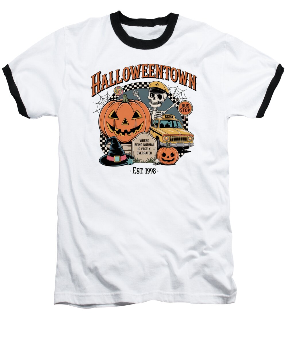 White baseball T-shirt with black raglan sleeves and Halloween-themed graphic front