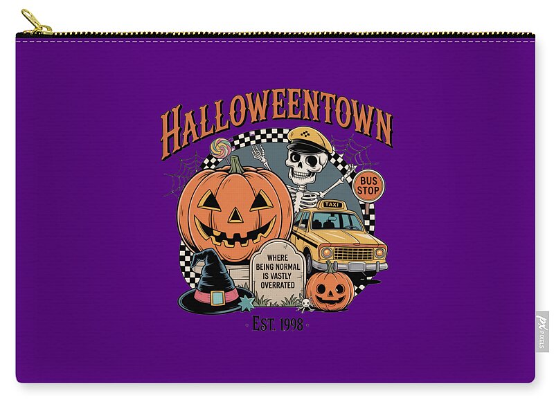 Purple HalloweenTown zip pouch with gold zipper, checkered characters and bus stop logo
