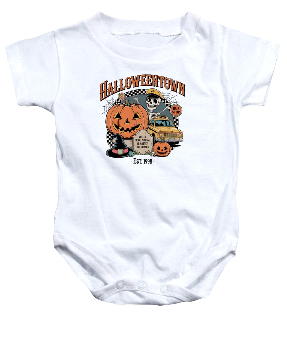 White baby onesie with short sleeves and Halloween Town graphic front
