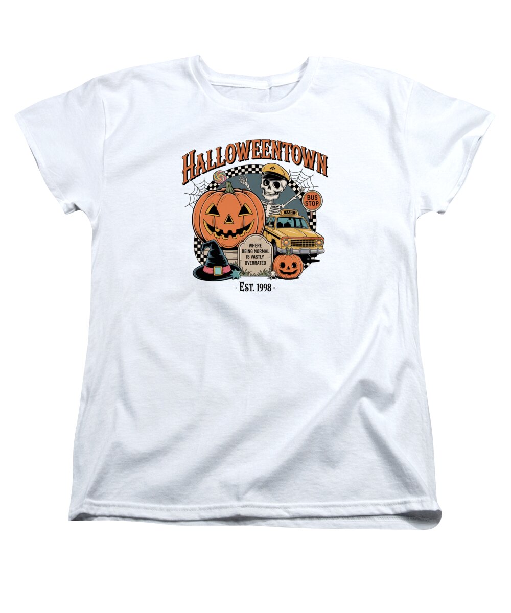 Women's white T-shirt with Halloween Town graphic: jack-o'-lantern and taxi.