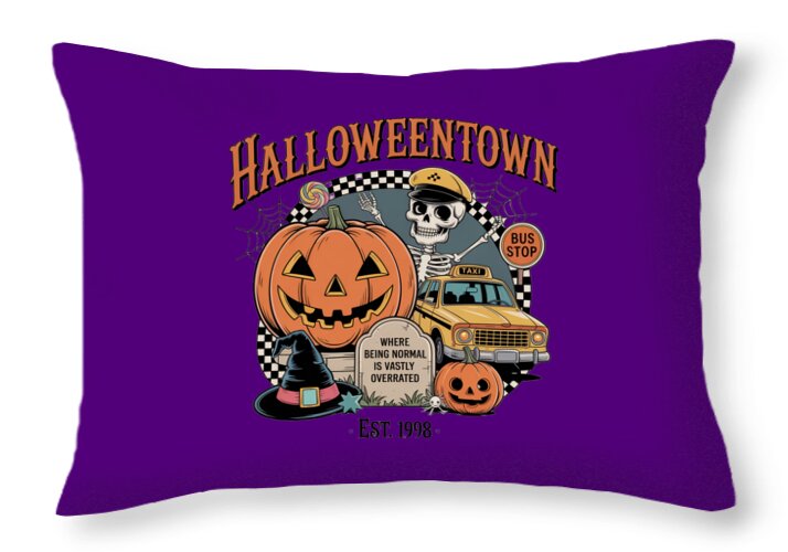 Purple throw pillow with Halloween Town illustration, jack-o'-lantern and bus stop