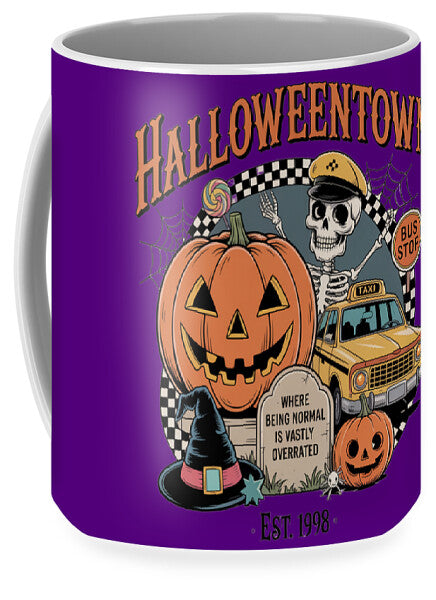Halloween Town taxi stop mug, purple with skull and pumpkin, taxi bus stop and Est 1978