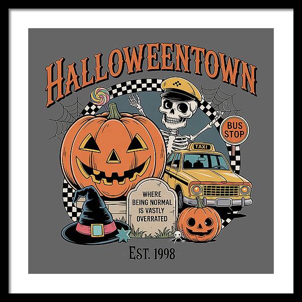 Framed Halloween Town themed print with orange pumpkin, skull, vintage taxi car, and bus stop sign
