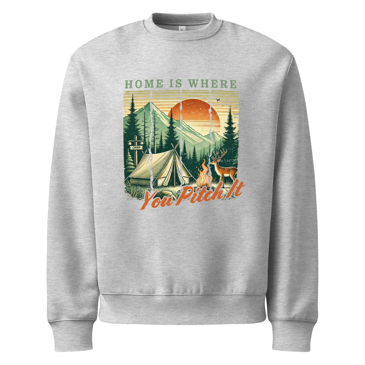 Heather gray crewneck sweatshirt with camping tent and mountain graphic on front