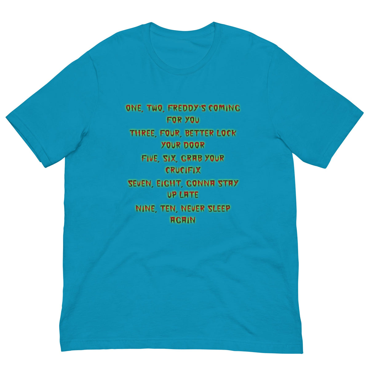 Aqua blue T-shirt with neon yellow graphic text print