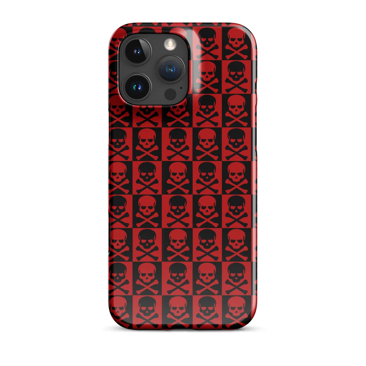 iPhone snap case with red and black skull pattern, camera module with lenses