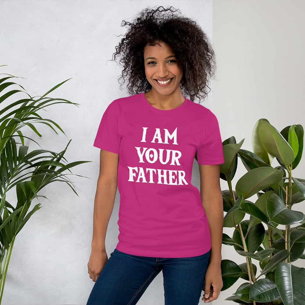 Pink T-shirt with white “I AM YOUR FATHER” text print