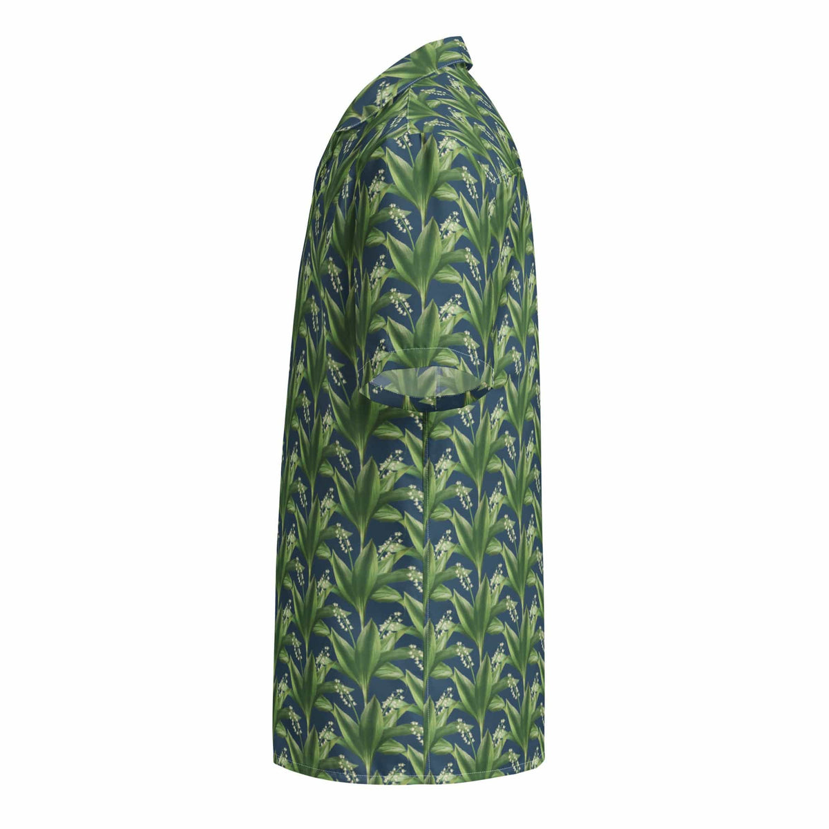 Green Island floral summer shirt, angled side view with green leaf print and collar