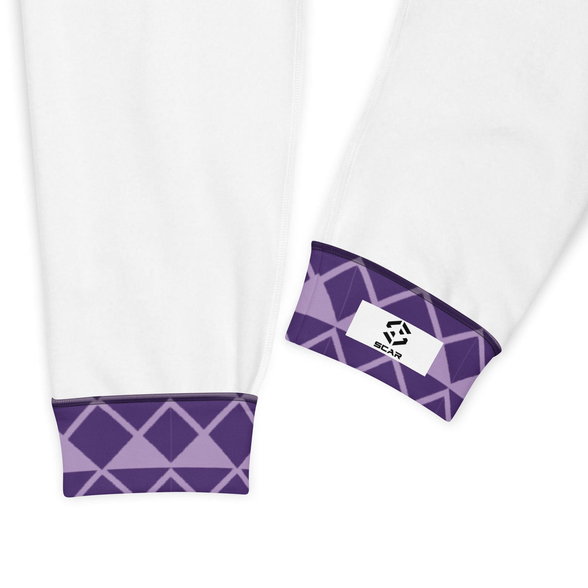 Men's joggers with white fabric and purple geometric cuff panel