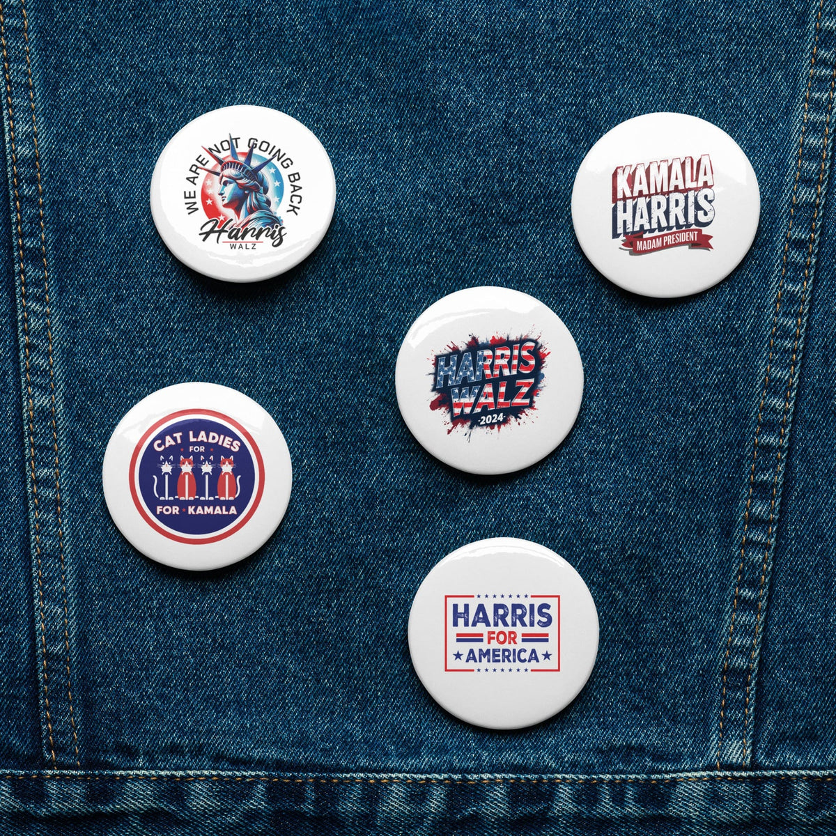 Set of 5 round Kamala Harris political button pins on denim, each with unique slogan