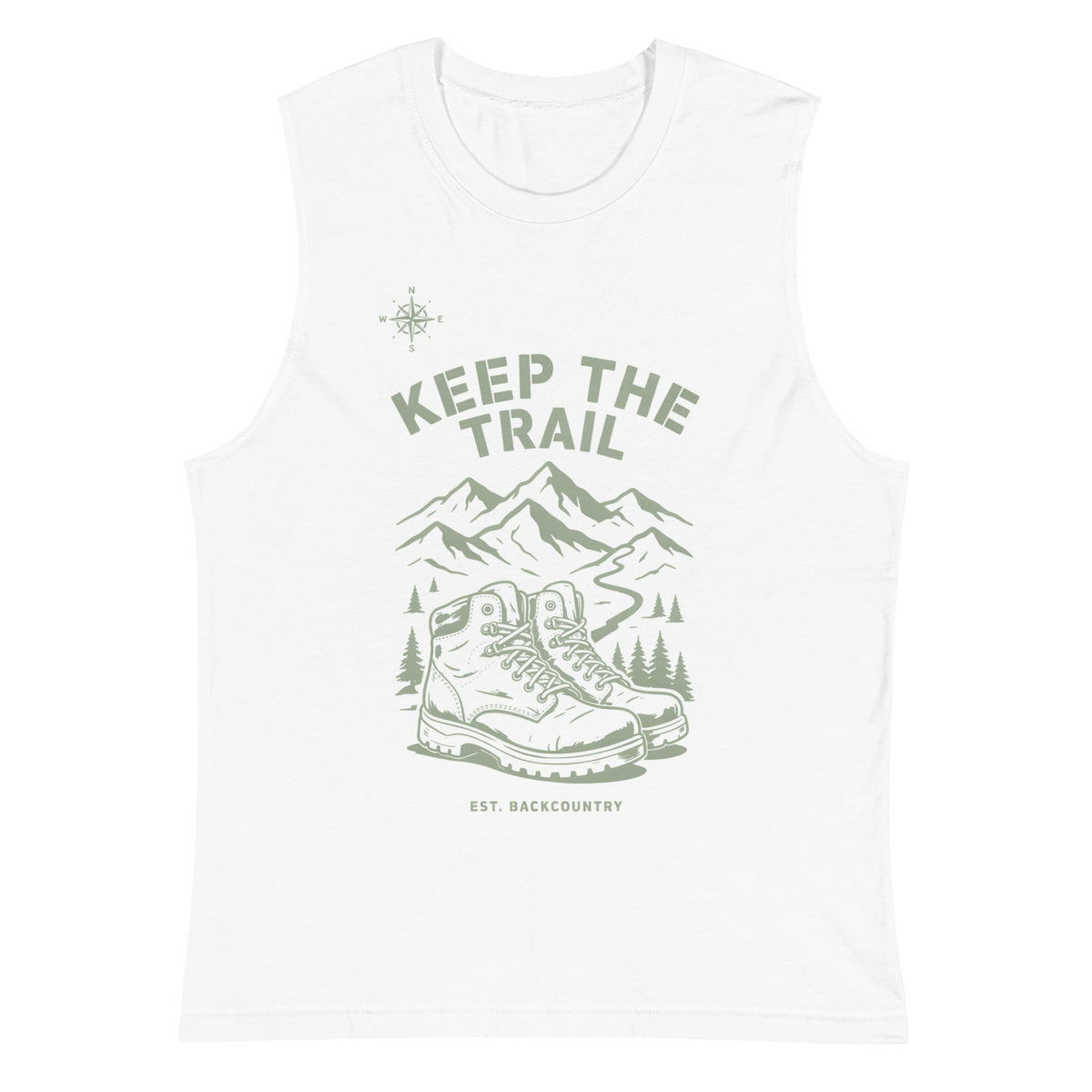 White unisex hiking tank with Keep the Trail mountain and dinosaur front graphic
