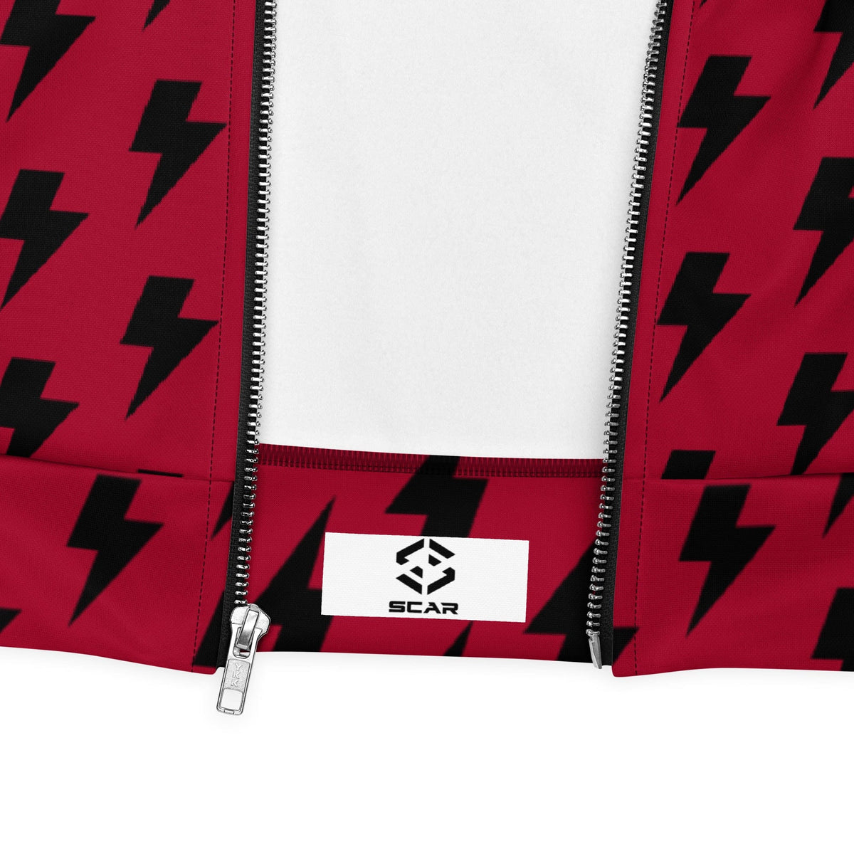Red unisex bomber jacket with black lightning print and front zipper