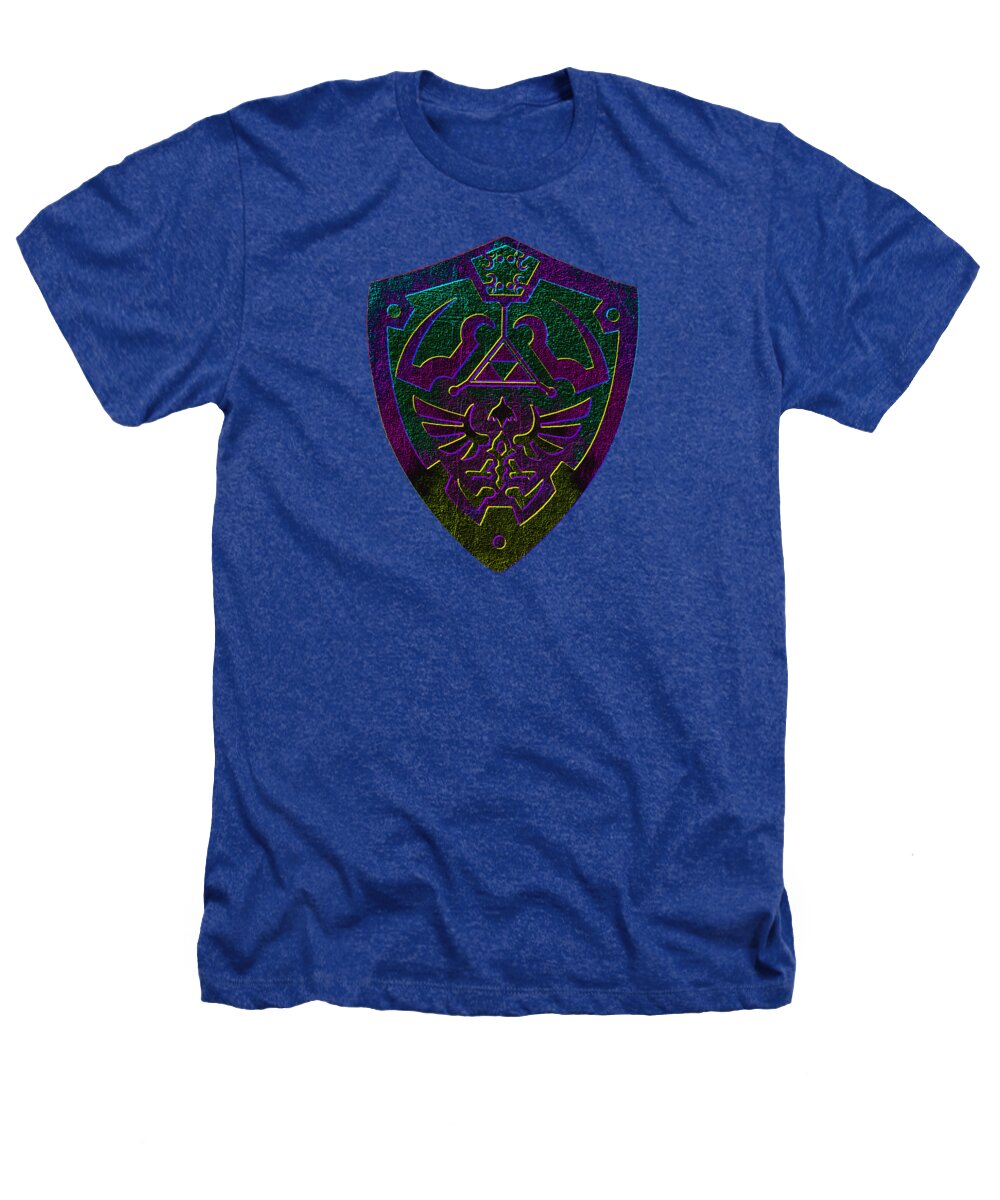 Heathered royal blue T-shirt with colorful shield graphic on the chest