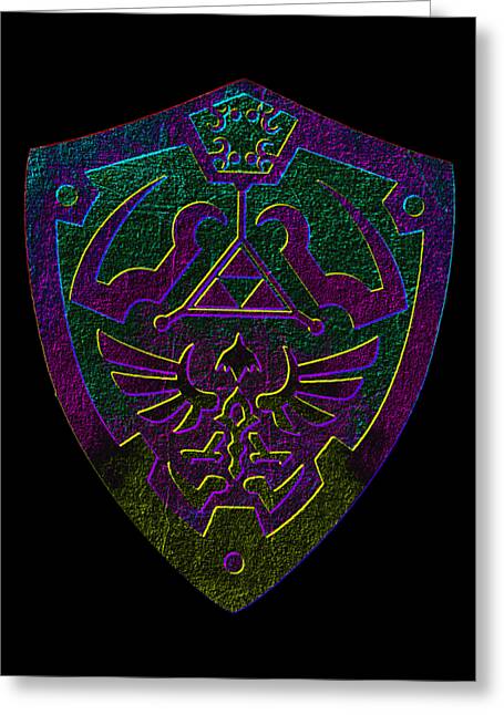 Greeting card with purple and green shield emblem graphic