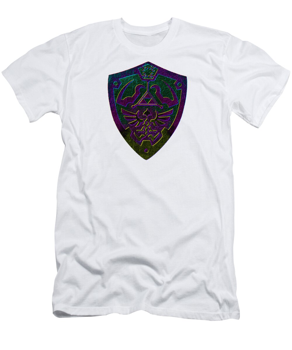 White graphic t-shirt with purple-green shield logo on chest