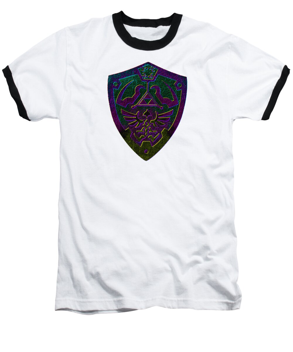 White baseball t-shirt with black raglan sleeves and purple gamer shield graphic