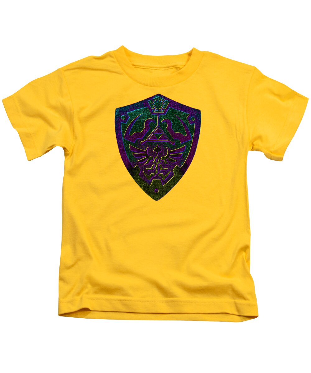 Kids graphic t-shirt in yellow with short sleeves and colorful shield emblem on chest