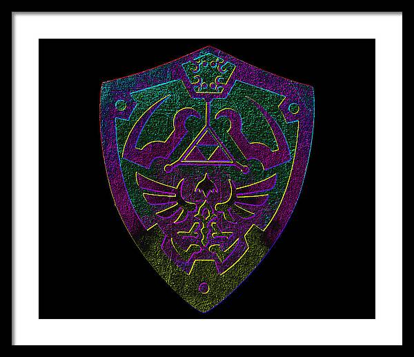 Framed print with purple-green shield emblem on black background, black frame, white mat