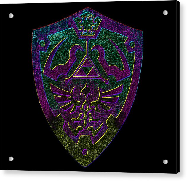 Acrylic print of shield emblem with mounting holes on corners, purple and green