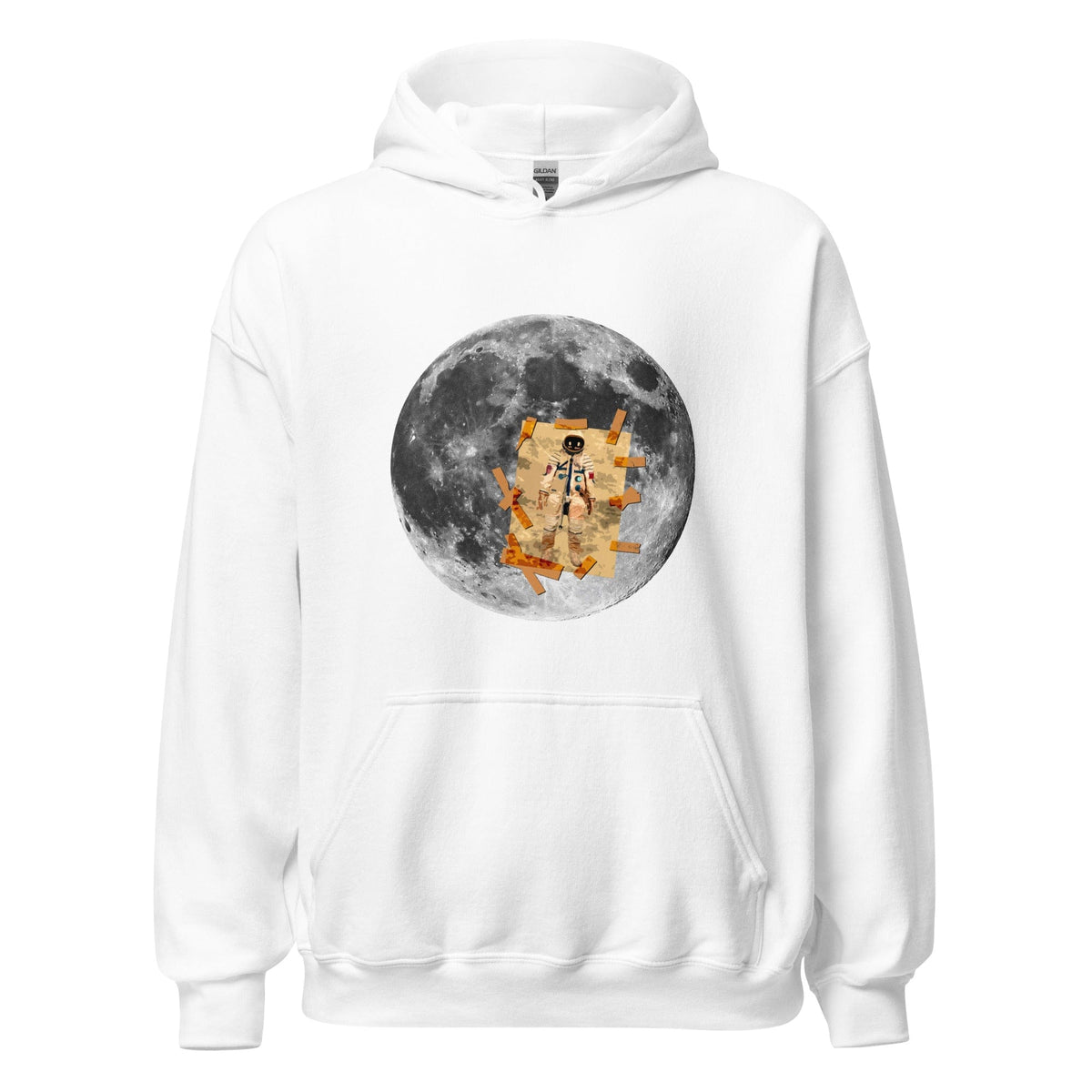 White hoodie with kangaroo pocket; moon and astronaut graphic on chest.