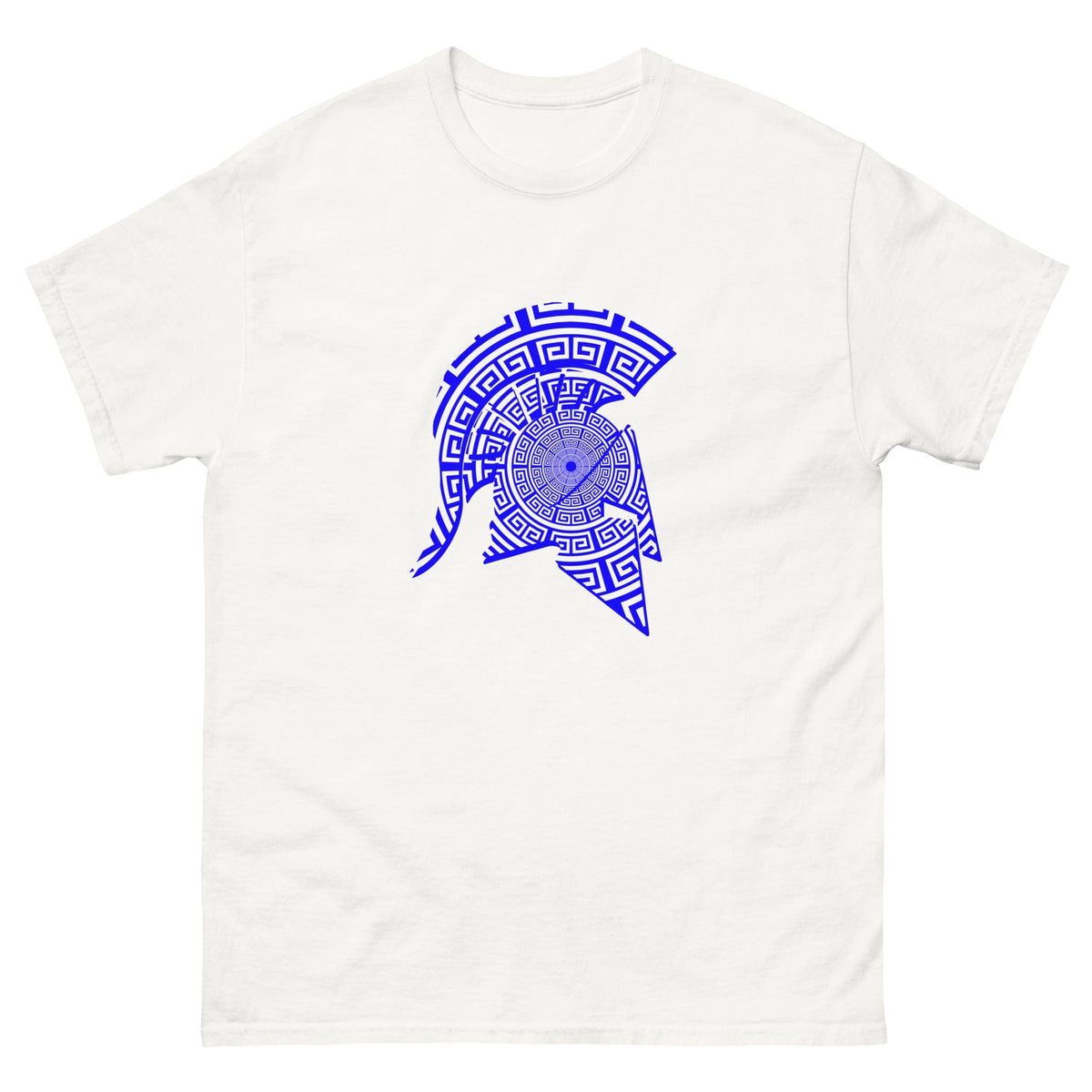Spartan helmet graphic T-shirt in white with blue patterned emblem on front