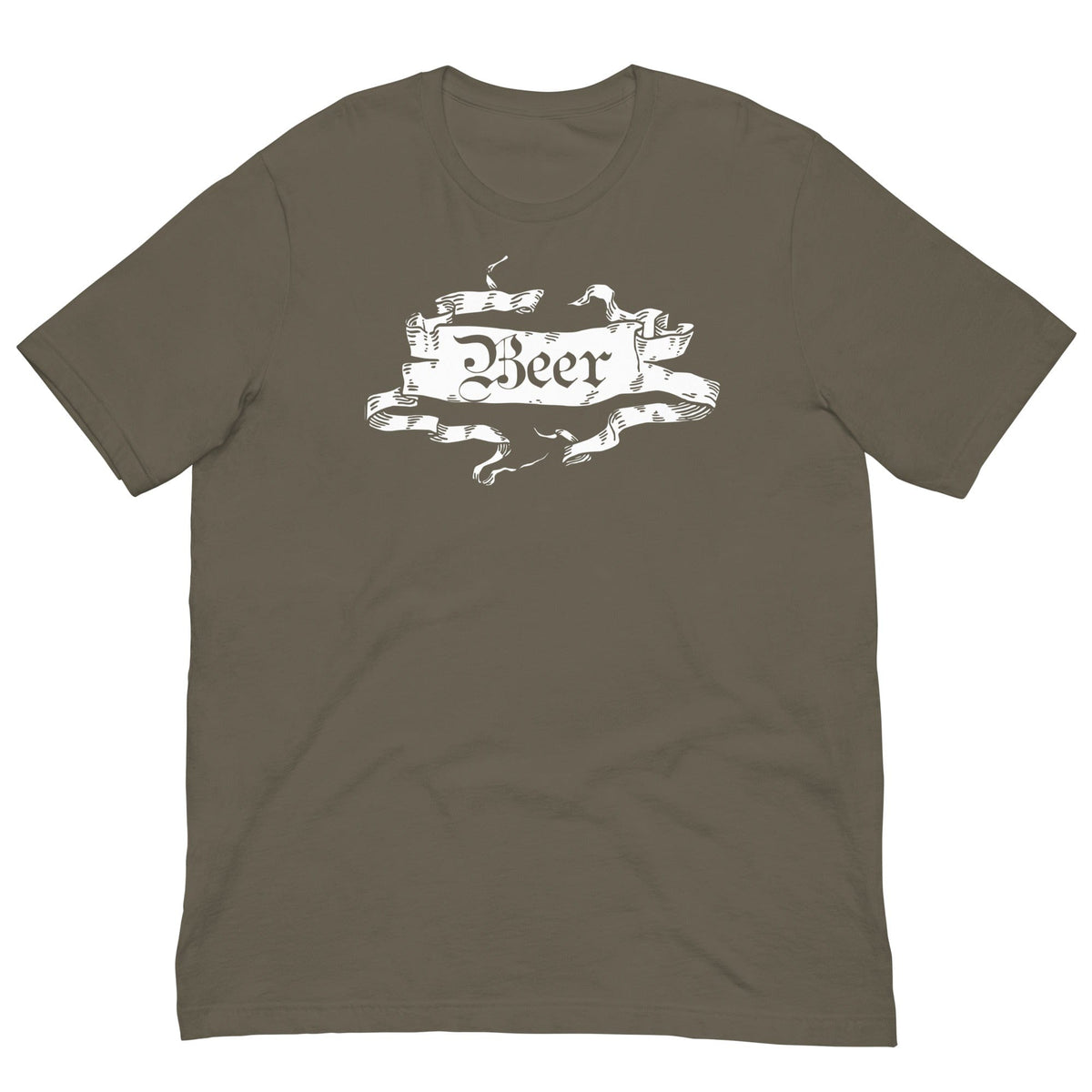Olive medieval beer T-shirt with white beer crest front graphic, short-sleeve crew neck